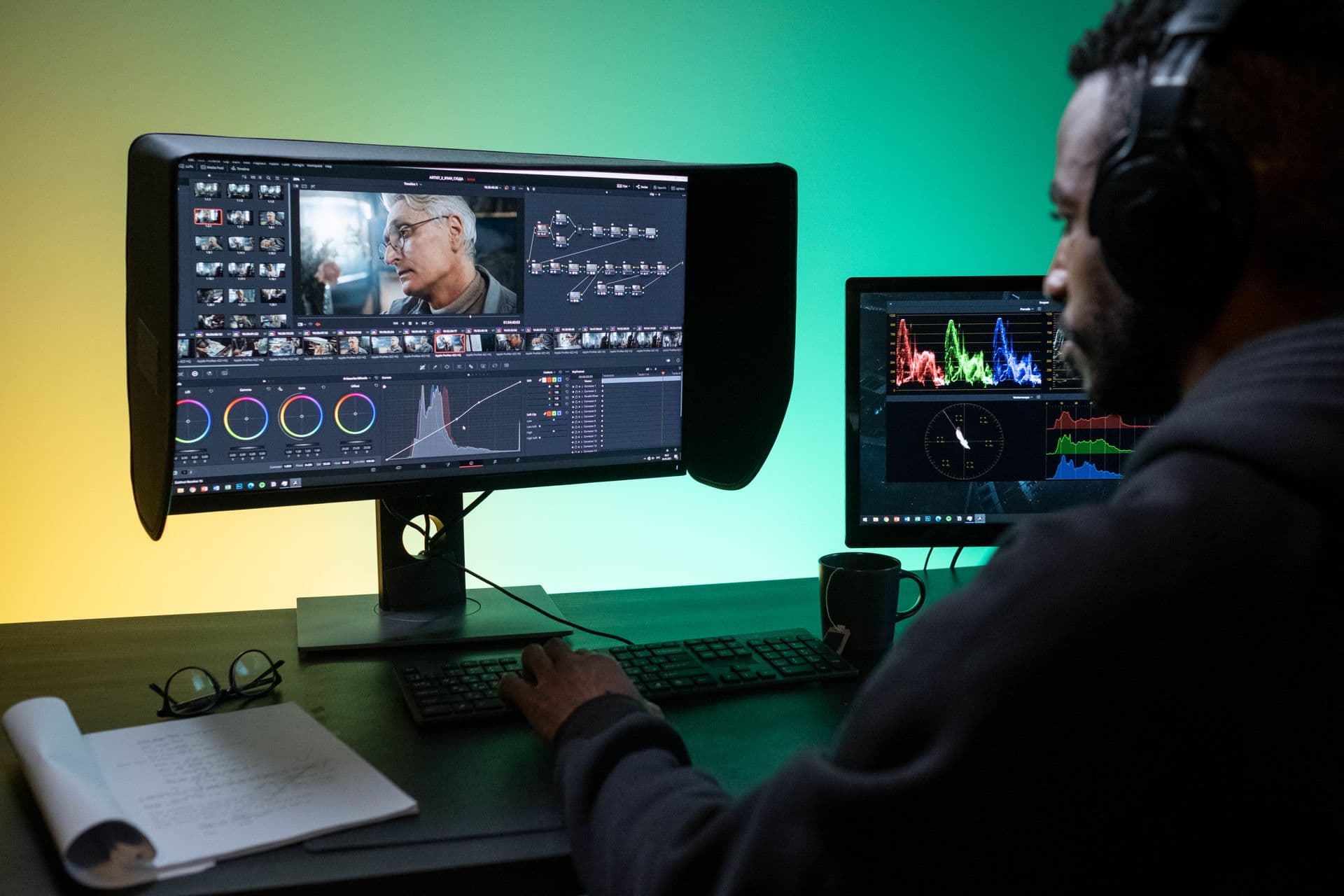 Editor colour grading footage with colour wheels and scopes on two monitors under green light
