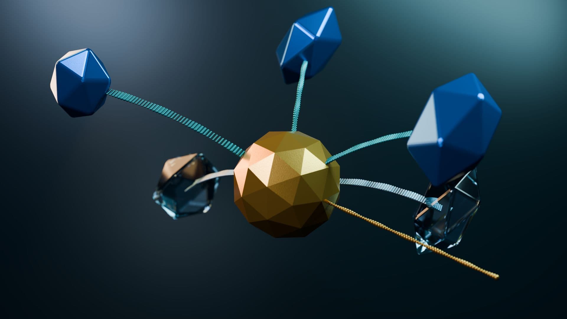 Abstract 3D render of geometric nodes linked by glowing strands on a dark background