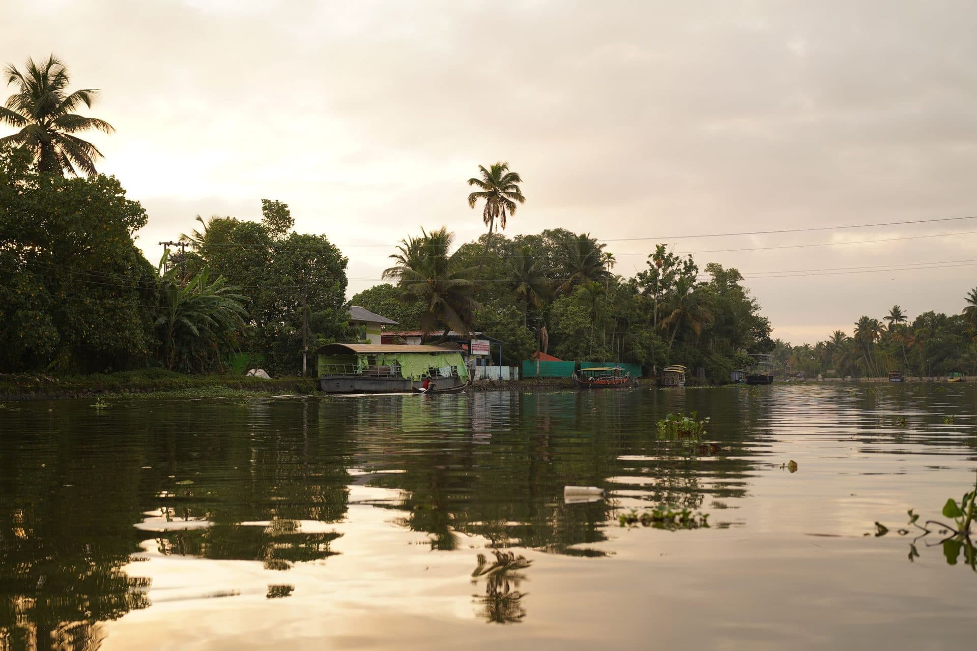 Calm backwater at dusk with coconut palms and waterside houses reflected in it