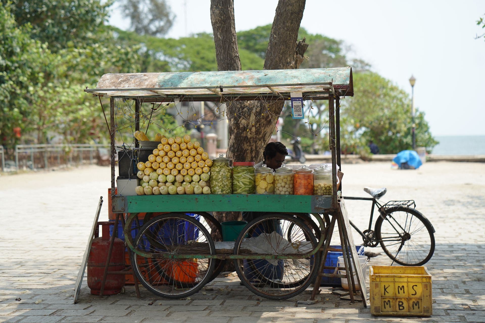 Street cart with stacked corn cobs, jars of pickled fruit and a payment QR code
