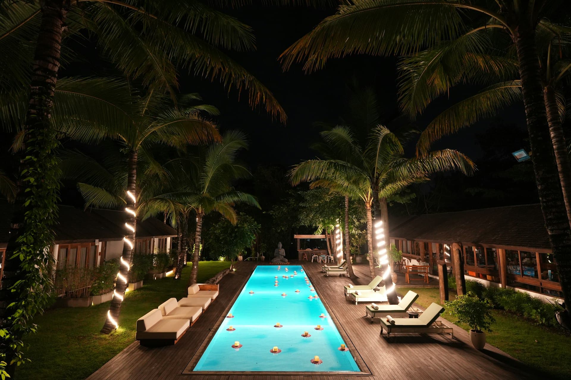 Illuminated swimming pool lined with palm trees and sun loungers at a tropical resort at night