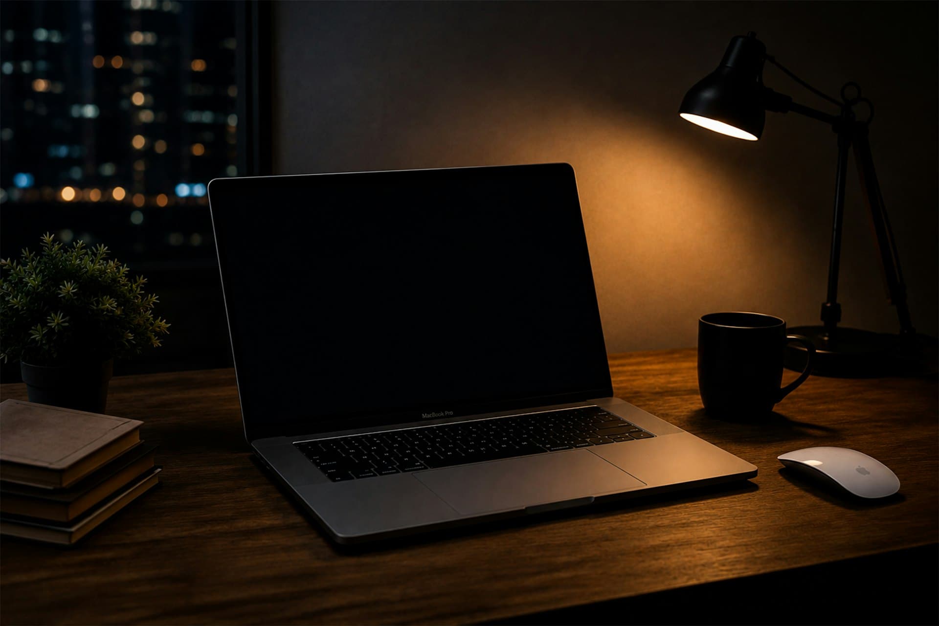 Laptop, coffee mug and desk lamp on a wooden desk at night with city lights outside