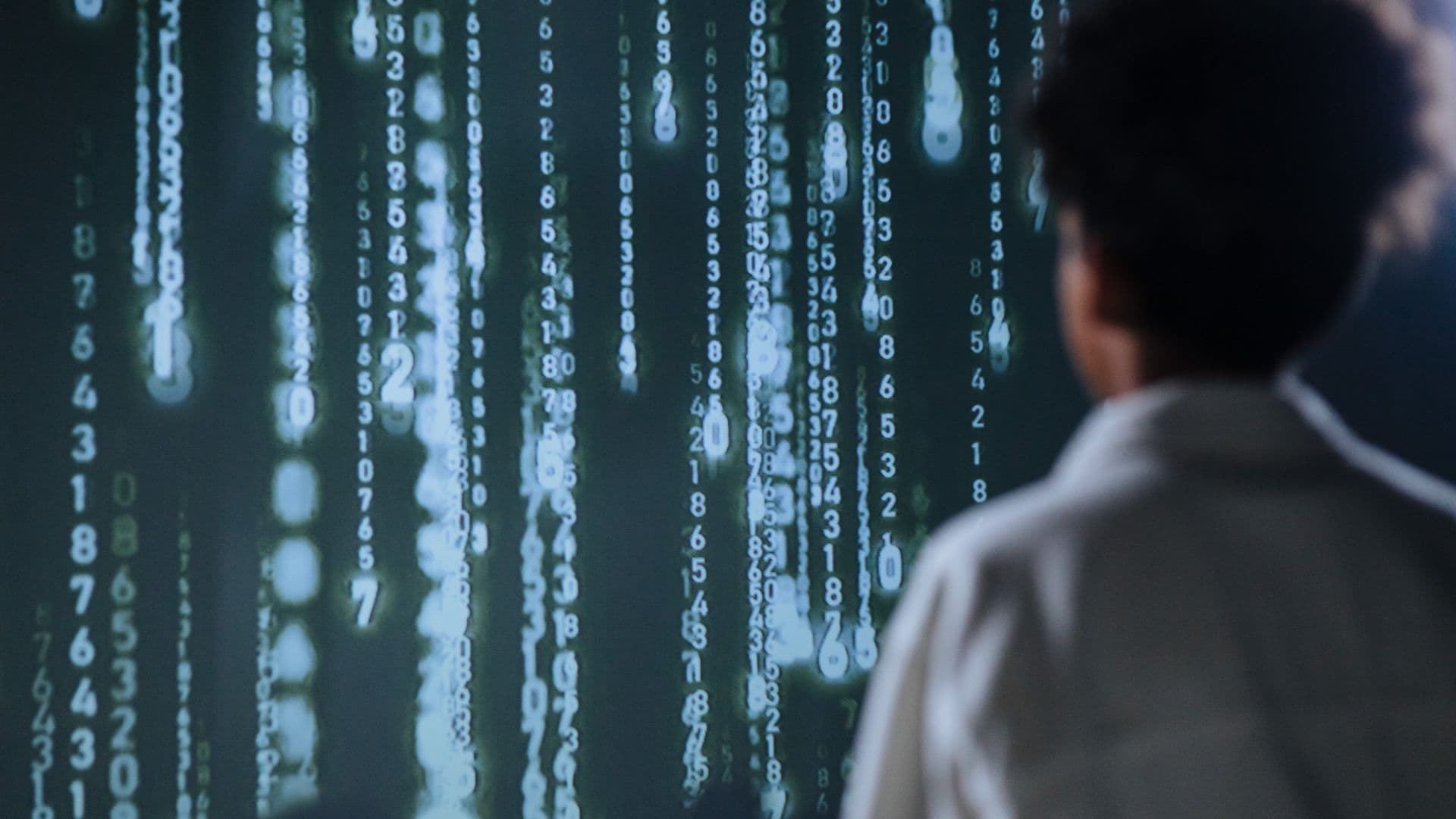 Person seen from behind facing a large screen of glowing falling numbers
