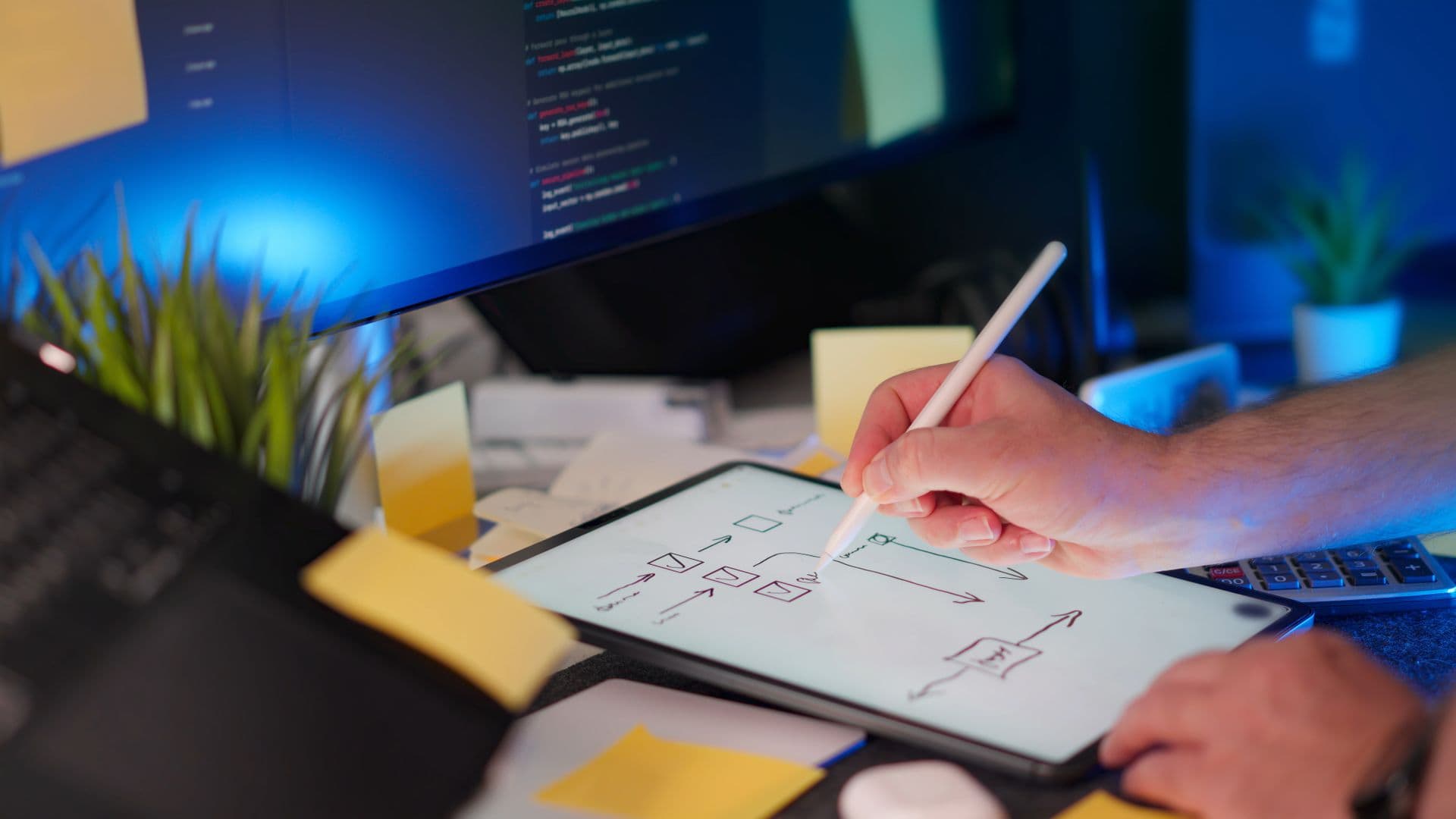 Hand sketching a flow diagram on a tablet with a stylus beside code on a monitor