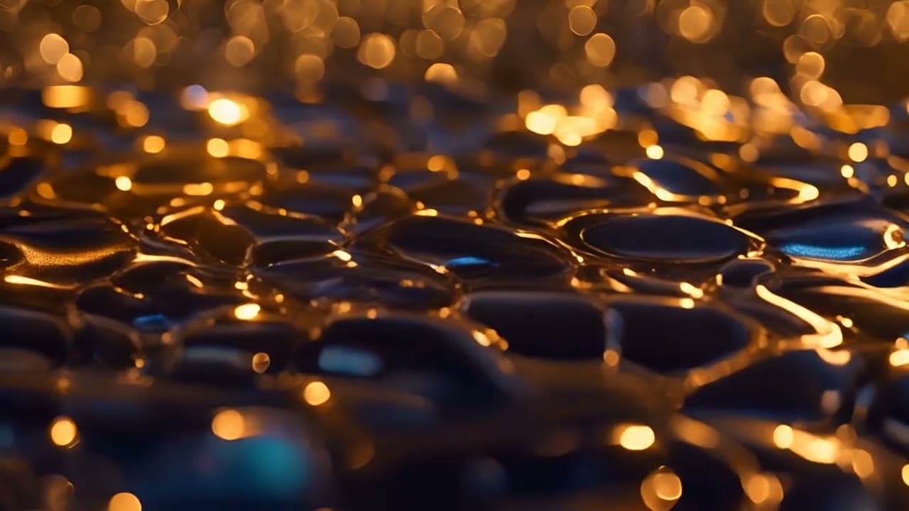 Close-up of rippling dark liquid surface with glowing gold highlights and bokeh lights