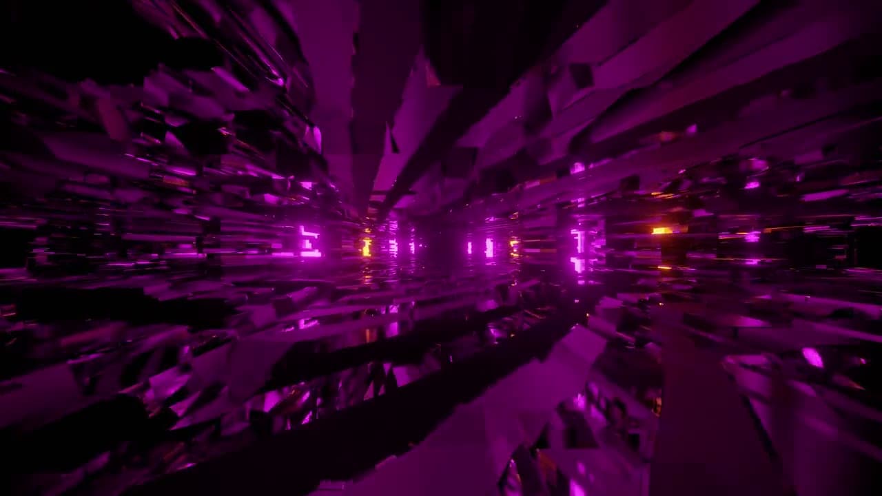 Dark purple tunnel of jagged reflective shards with pink and amber neon lights ahead