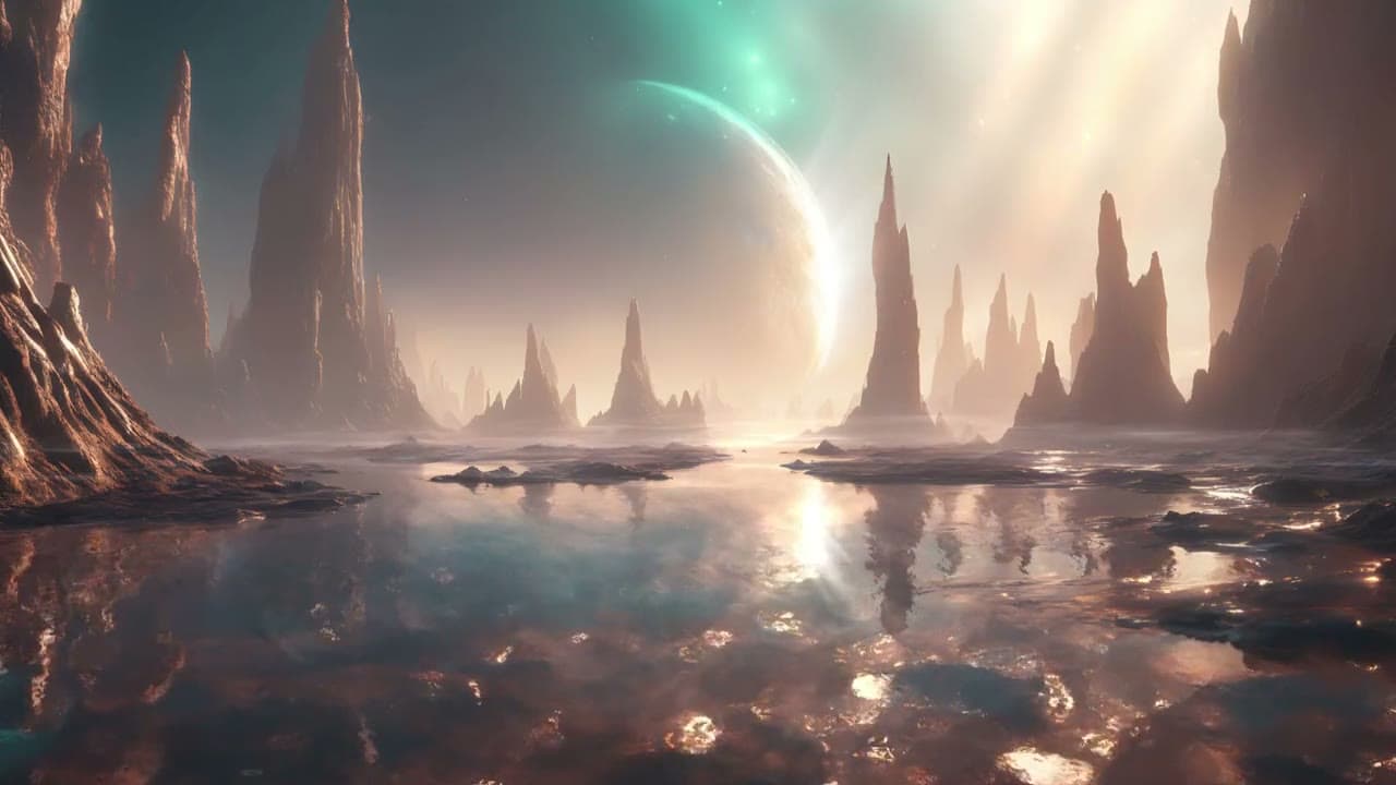 Alien landscape with tall rock spires, a reflective lake and a glowing planet in the sky