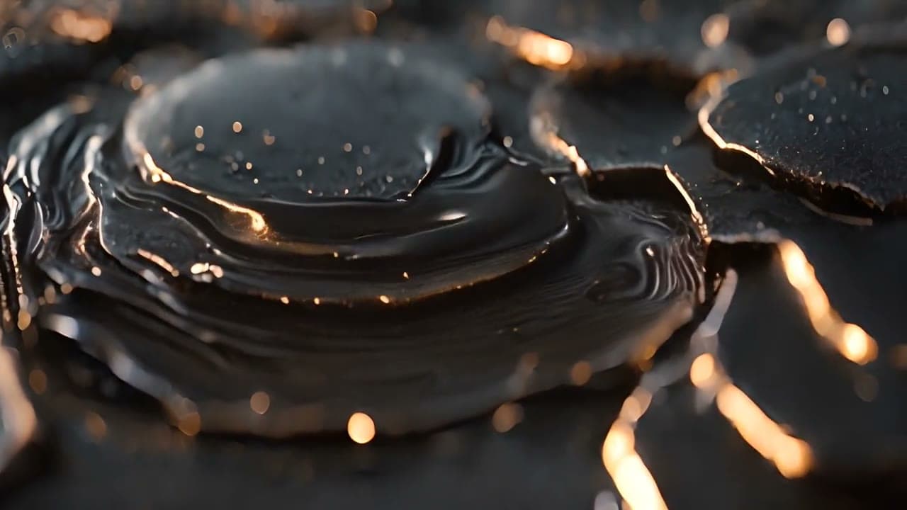 Macro of glossy black fluid layers edged with glowing copper and orange light