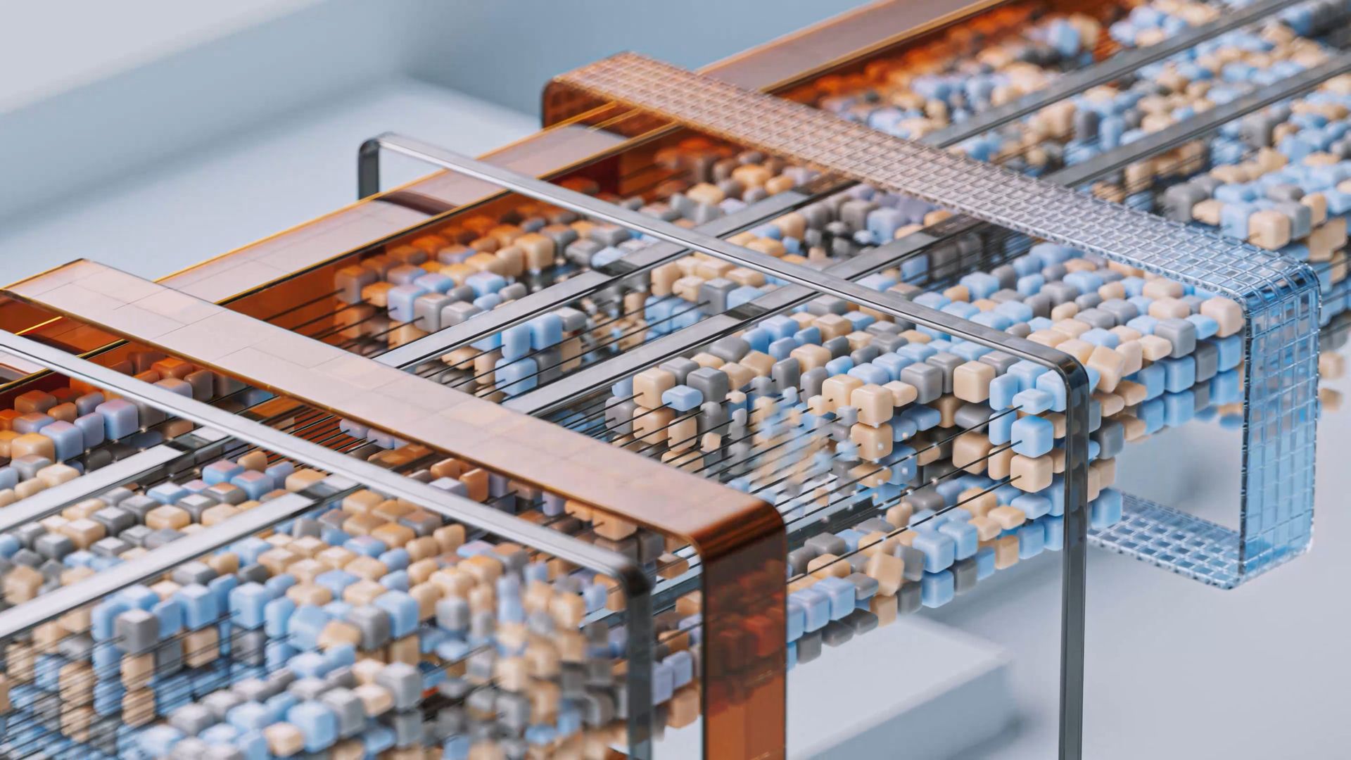 Abstract 3D render of coloured blocks flowing through glass and copper channels