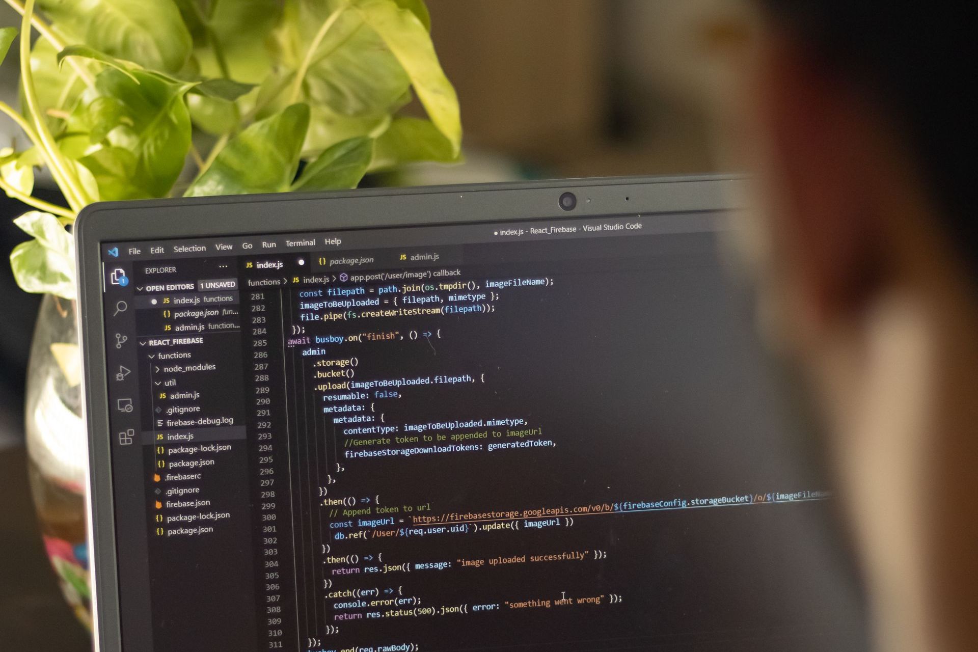 Laptop screen showing JavaScript code in a code editor beside a potted plant