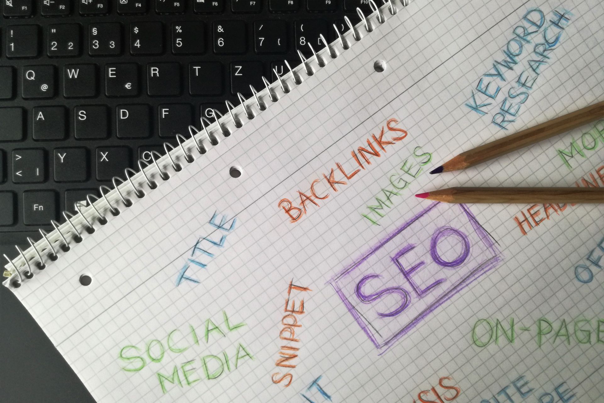 Notebook with handwritten SEO terms like backlinks, keyword research and snippet beside a keyboard